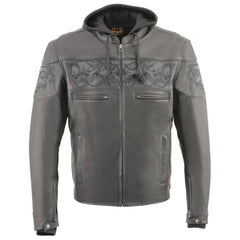 Milwaukee Leather MLM1563 Men's Black Leather Scooter Style Motorcycle Jacket with Reflective Skulls with Hoodie