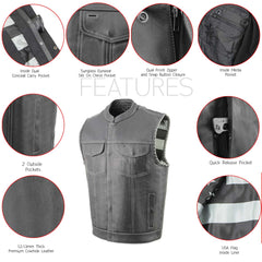 Milwaukee Leather MLM3507 Men's Old Glory Black Premium Leather Club Style Vest w/ Grey Stitching Laced Armholes