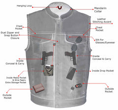 Milwaukee Leather MLM3508 Men's Black Premium Leather Vest - Old Glory Laced Armholes Black Stitching Club Style Vest