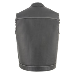 Milwaukee Leather MLM3509 Men's Black Premium Leather Vest - Old Glory Laced Armholes White Stitching Club Style Vest