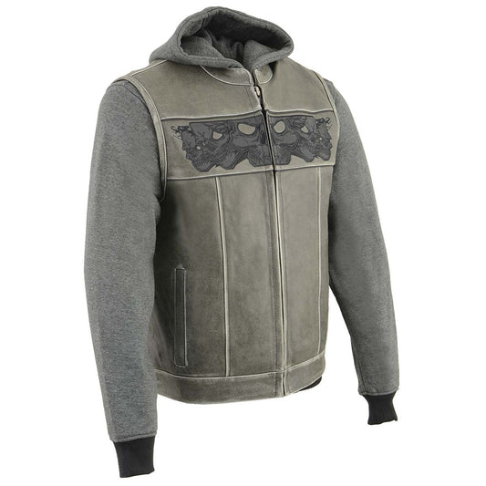 Milwaukee Leather MLM3562 Men's '2 in 1' Distressed Grey Leather Vest w/ Reflective Skulls / Full Removable Hoodie