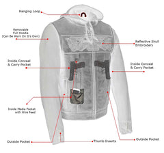 Milwaukee Leather MLM3563 Men's Leather Vest w/ Removeable Hoodie - Black 2 in 1 Reflective Skulls Motorcycle Vest