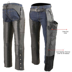 Milwaukee Leather MLM5505 Men's Removal Thermal Lined Black Premium Leather Motorcycle Chaps with Cool-Tec Leather