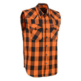 Milwaukee Leather MPM1655 Men's Classic Black and Orange Button-Down Flannel Cut Off Sleeveless Casual Shirt
