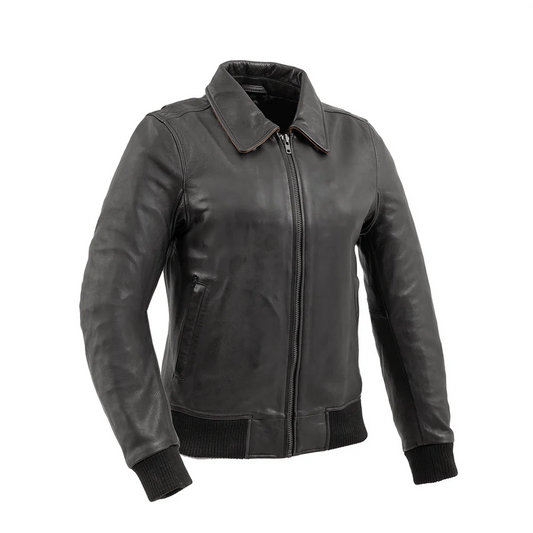 FIL121CMB-BKCG-Nancy - Women's Moto Bomber Leather Jacket