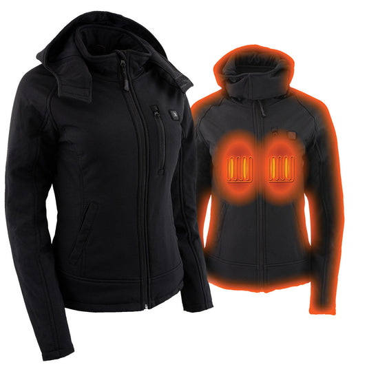 NexGen NXL2767SET Women's 'Ruffled' Black Heated Soft Shell Hooded Jacket (Rechargeable Battery Pack Included)