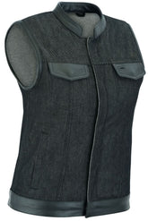 Women's Rough Rub-Off Raw Finish Denim Vest with Leather Trim