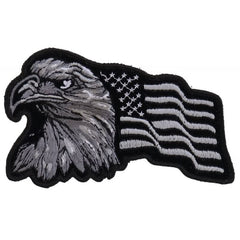 P396 Eagle With Waving Flag Black Silver Patriotic Iron on Patch