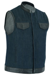 Women's Broken Blue Rough Rub-Off Raw Finish Denim Vest with Leath