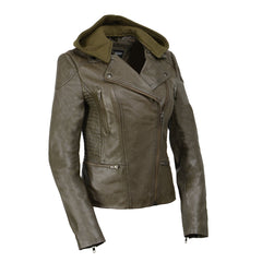 Milwaukee Leather SFL2815 Women's Olive Motorcycle Style Leather Jacket with Hoodie and Asymmetrical Zipper