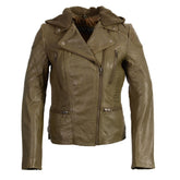 Milwaukee Leather SFL2815 Women's Olive Motorcycle Style Leather Jacket with Hoodie and Asymmetrical Zipper