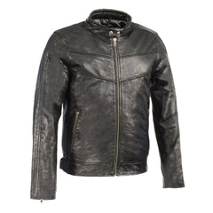 Milwaukee Leather Men's Black Cafe Racer Leather Jacket with Snap Button Collar SFM1835