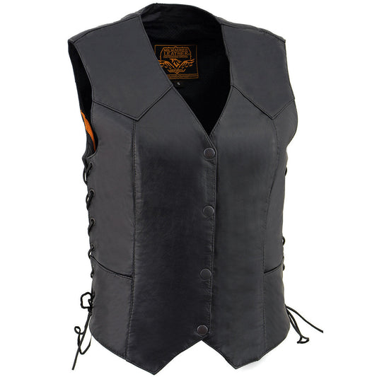 Milwaukee Leather SH1227L Women's Black Leather Side Laces Classic Western Motorcycle Rider Vest w/ Snap Closure