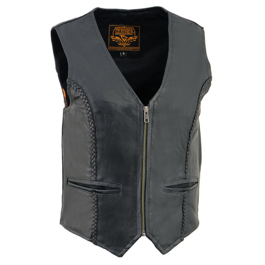 Milwaukee Leather SH1246Z Women's Black Leather Classic Braided Motorcycle Rider Vest w/ Zipper Closure