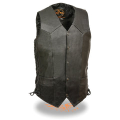 Milwaukee Leather SH1315Tall Men's Classic Black Leather V-Neck Side Lace Motorcycle Rider Vest with Snap Closure