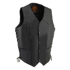 Milwaukee Leather SH1315Tall Men's Classic Black Leather V-Neck Side Lace Motorcycle Rider Vest with Snap Closure