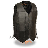 Milwaukee Leather SH1391 Men's Black Leather 10 Pocket V-Neck Side Lace Motorcycle Rider Vest with Front Snap Closure