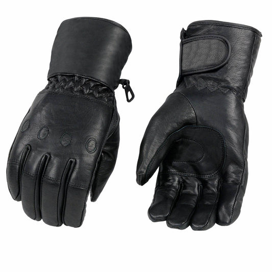 Milwaukee Leather Men's Black Gauntlet Motorcycle Gloves-Black Soft Leather Waterproof Cinch Wrist Closure-SH293