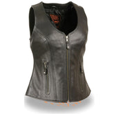 Milwaukee Leather MLL4530 Women's Black Leather Open Neck Motorcycle Rider Vest with Front Zip and Stitching detail