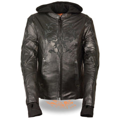 Milwaukee Leather ML2066 Women's 3/4 Black Leather Hoodie Jacket with Reflective Tribal Design