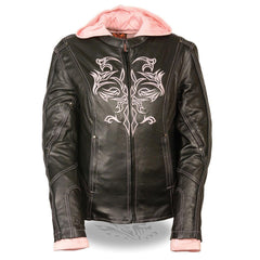 Milwaukee Leather ML2066 Women's 3/4 Black and Pink Leather Hoodie Jacket with Reflective Tribal Design