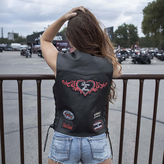 Event Leather ELL4900 Women's Classic Black Genuine Leather Side Laced Motorcycle Riders Vest w/ 9 Patches