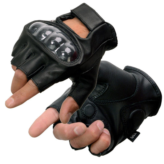 Milwaukee Leather MG7555 Men's Black 'Hard Knuckles' Leather Fingerless Glove with Gel Palm