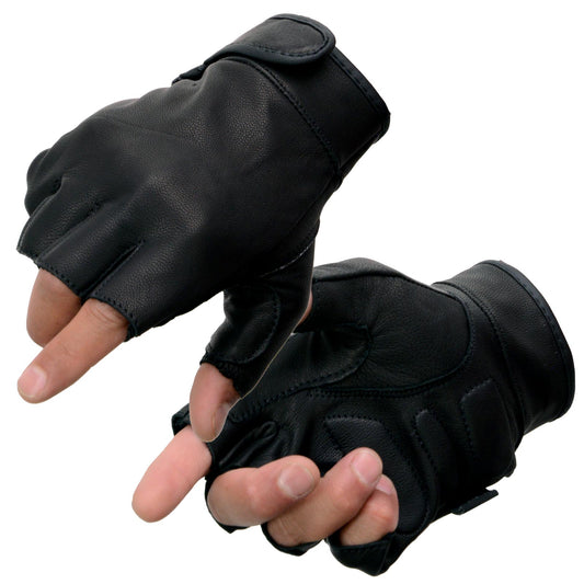 Milwaukee Leather MG7585 Men's Black Leather Full Panel Fingerless Gloves with Gel Palm