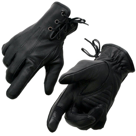 Milwaukee Leather MG7770 Women's 'Laced Wrist' Black Leather Riding Glove with Gel Palms