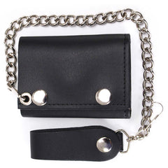 Milwaukee Leather MLW7831 Men's 4" Classic Black Plain Genuine Leather Tri-Fold Biker Wallet w/ Anti-Theft Stainless Steel Chain