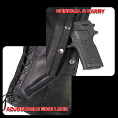 Milwaukee Motorcycle Clothing Co. Women's Born-Free Tall Sizes Black Leather Vest w/ V-Neck, Side Lace, Snap MMC40002