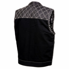 Milwaukee Leather MDM3035 Men’s Wrecker Club Vest – Black Denim & Leather, Diamond Quilt, White Stitch