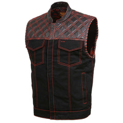 Milwaukee Leather MDM3036 Men’s Wrecker Club Vest – Black Denim & Leather, Diamond Quilt, Red Stitch
