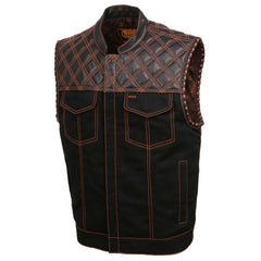 Milwaukee Leather MDM3037 Men’s Wrecker Club Vest – Black Denim & Leather, Diamond Quilt, Orange Stitch