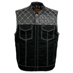 Milwaukee Leather MDM3035 Men’s Wrecker Club Vest – Black Denim & Leather, Diamond Quilt, White Stitch