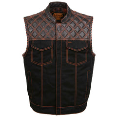 Milwaukee Leather MDM3037 Men’s Wrecker Club Vest – Black Denim & Leather, Diamond Quilt, Orange Stitch