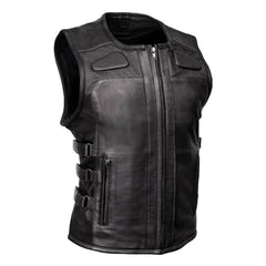 Milwaukee Motorcycle Clothing Co. Women's Gixxer Black Premium Leather Vest w/ Round Neck Side Buckle MMC40003