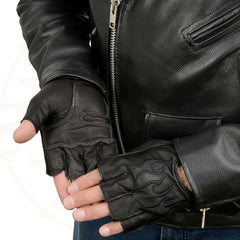 Milwaukee Leather SH198 Men's Black Leather Gel Padded Palm Fingerless Motorcycle Gloves w/ Flame Embroidery