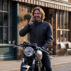 Milwaukee Leather Men’s Copperline Black Leather Moto Café Racer Jacket, Stand Collar, 6 Pockets - SFM1816