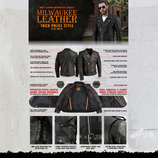 Milwaukee Leather LKM1711 Men's Leather Black Classic Side Lace Police Style Jacket