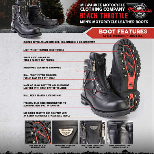 Milwaukee Motorcycle Clothing Company MB440 Men's Black Throttle Motorcycle Leather Boots