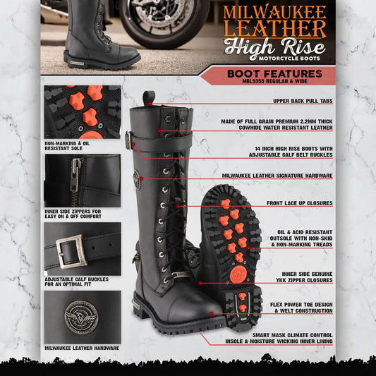 Milwaukee Leather MBL9355 Women's Black 14-inch Lace-Up High-Rise Leather Boots with Calf Buckle
