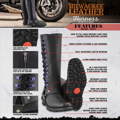 Milwaukee Leather MBL9366 Women's Black 14-inch Leather Harness Motorcycle Boots with Purple Accent Lacing
