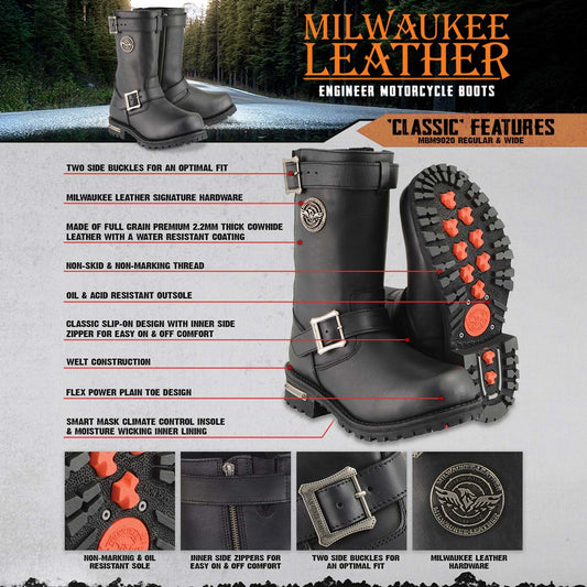 Milwaukee Leather MBM9020 Men's Black 11-Inch Classic Engineer Motorcycle Leather Boots