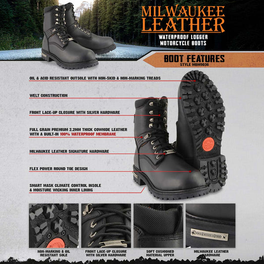 Milwaukee Leather MBM9036WP Men's Black 'Wide Width' 7-inch Lace to Toe Waterproof Leather Boots