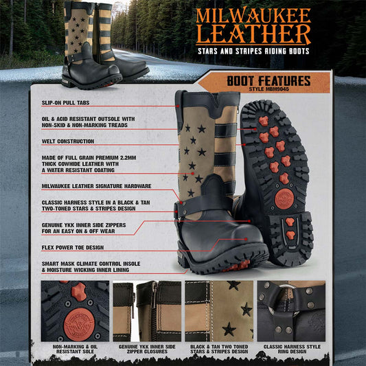 Milwaukee Leather MBM9045 Men's 'Stars and Stripes' Black with Tan Motorcycle Rider Harness Boots