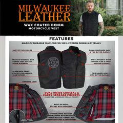 Milwaukee Leather MDM3030 Men’s Black Waxy Coated Denim Club Style Motorcycle Rider Vest w/ Shirt Collar