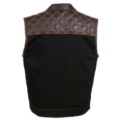 Milwaukee Leather MDM3037 Men’s Wrecker Club Vest – Black Denim & Leather, Diamond Quilt, Orange Stitch