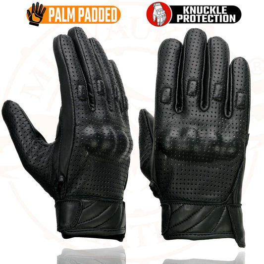 Milwaukee Leather MG7500 Men's Black Perforated Leather Gloves with Rubberized Knuckles