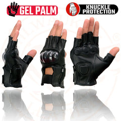 Milwaukee Leather MG7555 Men's Black 'Hard Knuckles' Leather Fingerless Glove with Gel Palm
